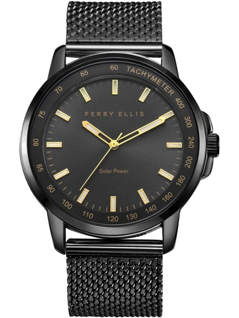 Men's All Black Steel Mesh Band Aluminum Tachymeter Bezel Water-Resistant Watch